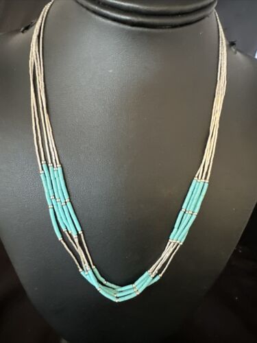 Turquoise 5-Strand Heishi Necklace | Liquid Sterling Silver | Authentic Native American Handmade | 15046
