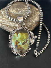 Navajo Green Turquoise Necklace | Sterling Silver | Authentic Native American Handmade | 15035