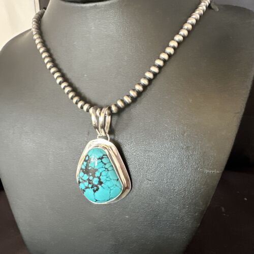 Men's Blue Spiderweb Turquoise Pendant Necklace | Navajo Sterling Silver | Authentic Native American Handmade | 14972