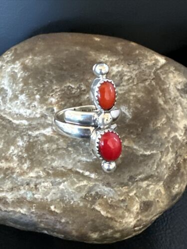 Navajo Red Coral and Multi-Stone Adjustable Ring | Authentic Native American Sterling Silver | Sz 6.5 | 15335