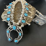 Navajo Kingman Turquoise Squash Blossom Necklace | Sterling Silver | 17" | Authentic Native American Handmade | 16110