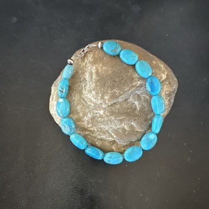 Women's Blue Turquoise Bead Bracelet | Southwestern Sterling Silver Link | 9" | 17229