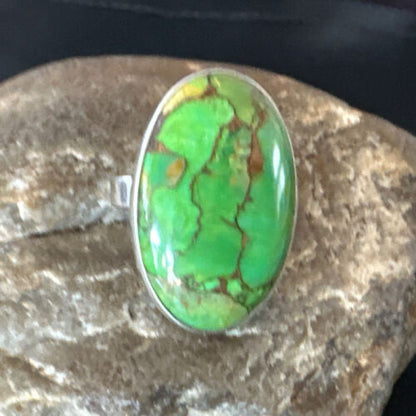 Navajo Green Mojave Turquoise Ring | Sterling Silver | Sz 8 Adjustable | Authentic Native American Handmade | 16146