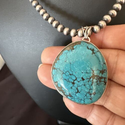 Men's Navajo Blue Spiderweb Turquoise Pendant Necklace | Sterling Silver | Authentic Native American Handmade | 16228