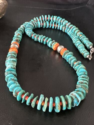 Navajo Blue Turquoise & Spiny Oyster Graduated Necklace | Sterling Silver | Authentic Native American | 28" | 14887