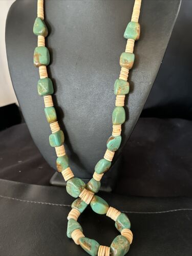 Santo Domingo Green Nugget Turquoise Necklace | Sterling Silver | 30" | Authentic Native American Handmade | 15291 - Masha USA