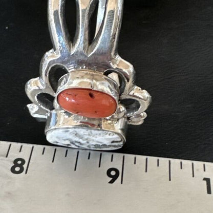 White Buffalo Turquoise Coral Navajo Tufa Cuff Bracelet | Sterling Silver | Authentic Native American Handmade | 16408
