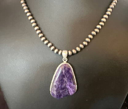 Navajo Pearls Purple Sugilite Pendant Necklace | Sterling Silver Beads | Authentic Native American Handmade | 15512