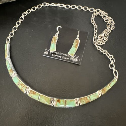 Navajo Choker Necklace with Blue #8 Turquoise Inlay | Sterling Silver Earrings Set | Native American Handmade | 16265