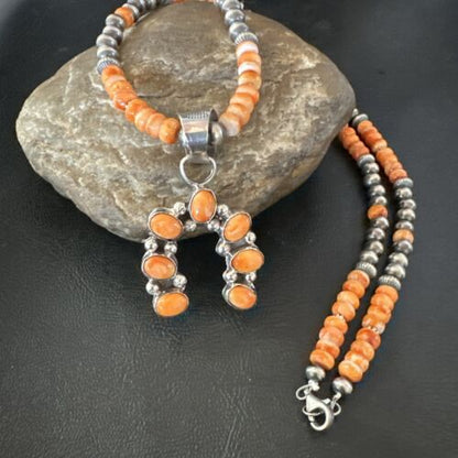 Navajo Orange Spiny Oyster Inlay Naja Pendant | Sterling Silver | Authentic Native American Handmade | 17428