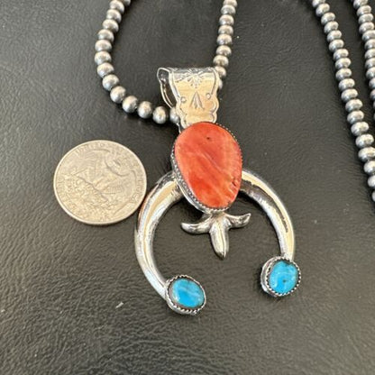 Navajo Blue Turquoise Red Spiny Oyster Naja Pendant | Sterling Silver | Authentic Native American Handmade | 16405