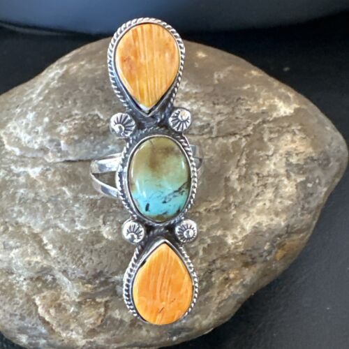 Navajo Green Turquoise Spiny Oyster Multi-Stone Ring | Authentic Native American Sterling Silver | Sz 10.5 | 16716