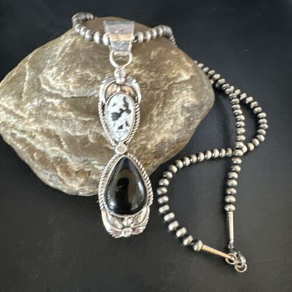 Navajo White Buffalo Turquoise Onyx Necklace Pendant | Sterling Silver | Authentic Native American Handmade | 15316