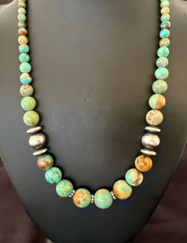 Navajo Green Turquoise Bead Necklace | Sterling Silver | Graduated | 20" | Authentic Native American | 17433