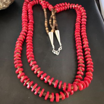 Navajo Red Coral Shell Bead Necklace | Sterling Silver | 30" | Authentic Native American Handmade | 15283
