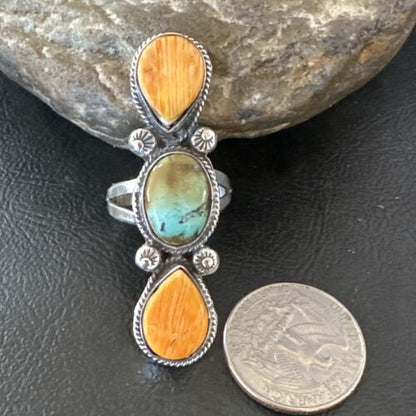 Navajo Green Turquoise Spiny Oyster Multi-Stone Ring | Authentic Native American Sterling Silver | Sz 10.5 | 16716