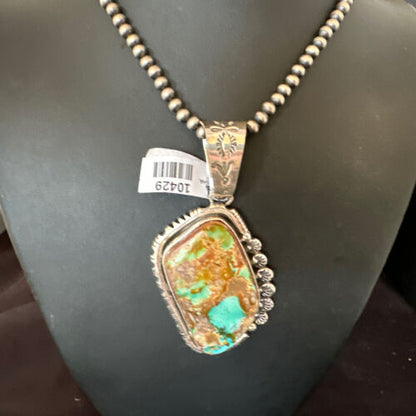 Men's Navajo Blue Green Royston Turquoise Pendant Necklace | Sterling Silver | Native American Handmade | 10429