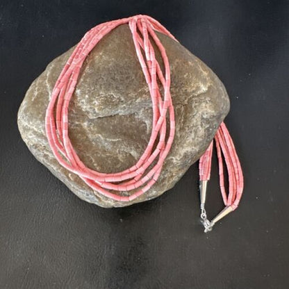 Pink Conch Tube Heishi Bead | 5 Strand Navajo Sterling Silver Necklace | 19" | 16545