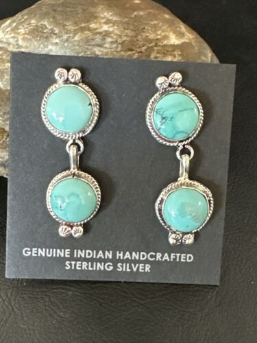 Navajo Blue Green Turquoise Dangle Earrings | Sterling Silver | 1.5" | Authentic Native American Handmade | 17388
