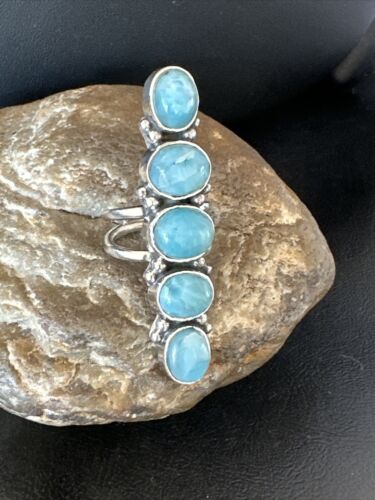 Navajo Women's Cluster Blue Larimar Ring | Authentic Native American Sterling Silver | Multi-Stone | Sz 7 | 16155