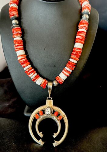 Navajo White Buffalo Spiny Oyster Naja Pendant Necklace | Sterling Silver | 25" | Authentic Native American Handmade | 17421