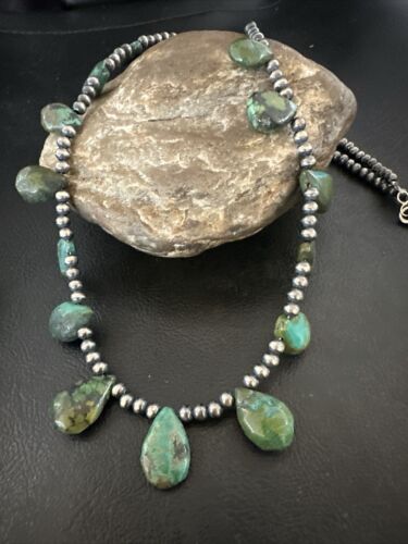 Navajo Pearls Green Teardrop Turquoise Necklace | Sterling Silver | 22" | Authentic Native American Handmade | 16957