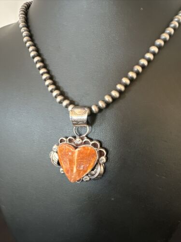 Navajo Orange Spiny Oyster Heart Pendant Necklace | Sterling Silver | Authentic Native American Handmade | 16425