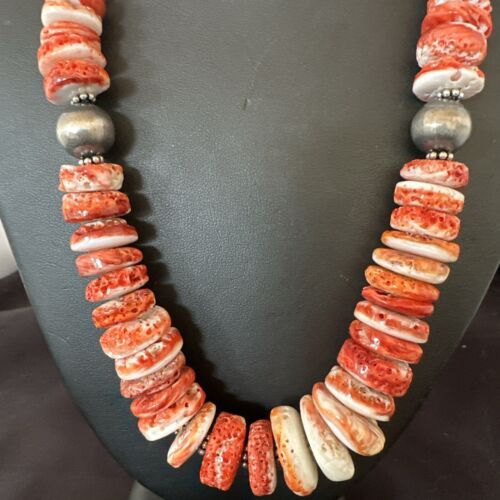 Navajo Red Spiny Oyster Graduated Necklace | Sterling Silver | Authentic Native American | 30" | 17405
