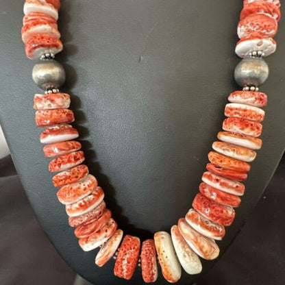Navajo Red Spiny Oyster Graduated Necklace | Sterling Silver | Authentic Native American | 30" | 17405