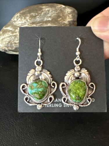 Navajo Green Sonoran Gold Turquoise Dangle Earrings | Sterling Silver | Authentic Native American Handmade | 14914