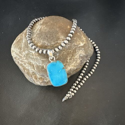 Navajo Blue Kingman Turquoise Pendant Necklace | Sterling Silver | 20" | Authentic Native American Handmade | 16998
