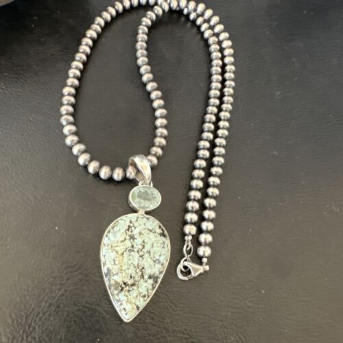 Navajo Dry Creek Turquoise Topaz Pendant Necklace | Sterling Silver | Authentic Native American Handmade | 16443