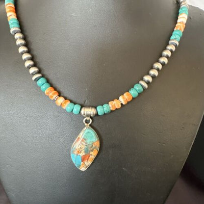 Navajo Spiny Turquoise Pendant Necklace | Sterling Silver | 21" | Authentic Native American Handmade | 17517