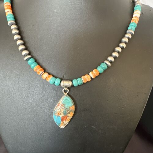 Navajo Spiny Turquoise Pendant Necklace | Sterling Silver | 21" | Authentic Native American Handmade | 17517