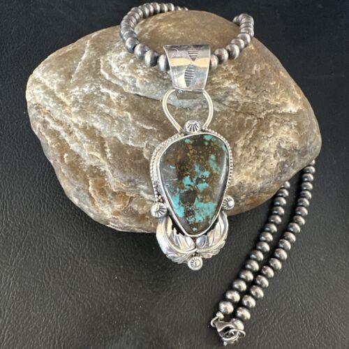 Blue Spiderweb Turquoise Pendant | Navajo Pearls Sterling Silver Necklace 21" | 15097