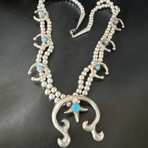 Navajo Blue Turquoise Naja Pendant Squash Blossom Necklace | Sterling Silver | Authentic Native American Handmade | 16172