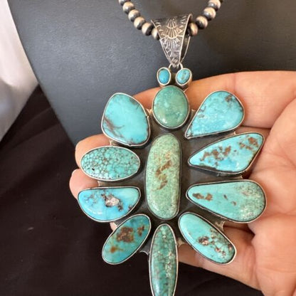 Navajo Blue Kingman Turquoise Cluster Pendant Necklace | Sterling Silver | Native American Handmade | 16797