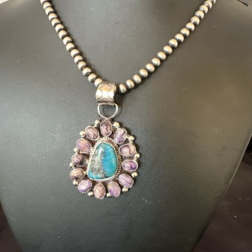 Purple Charoite Turquoise Pendant | Navajo Pearls | Sterling Silver Necklace 21" | Multi-Stone 17190