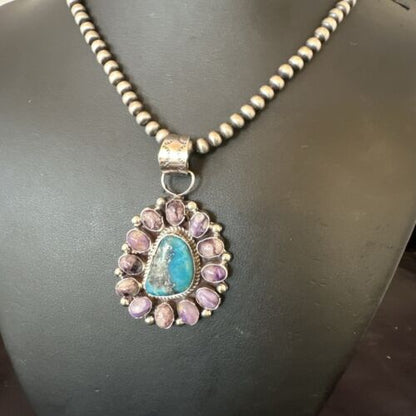 Purple Charoite Turquoise Pendant | Navajo Pearls | Sterling Silver Necklace 21" | Multi-Stone 17190