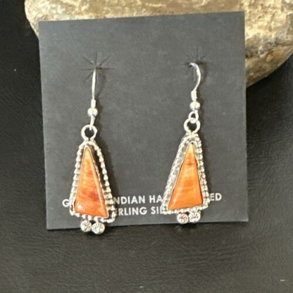 Navajo Orange Spiny Oyster Dangle Earrings | Sterling Silver | Authentic Native American Handmade | 17275