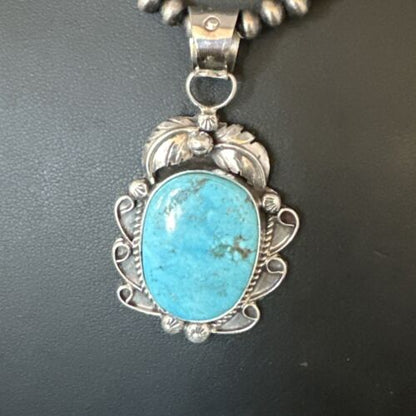 Navajo Kingman Turquoise Pendant Necklace | Sterling Silver Pearls | Authentic Native American Handmade | 15214