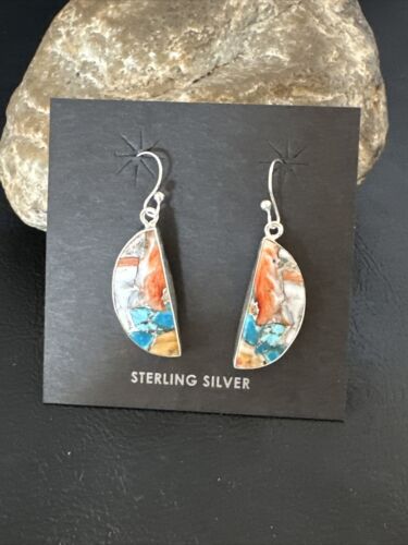 Navajo Blue Turquoise & Orange Spiny Oyster Inlay Dangle Earrings | Sterling Silver | 15584