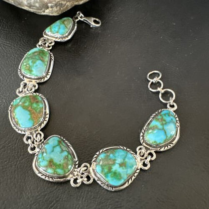 Navajo Green Sonoran Gold Turquoise 6-Stone Link Bracelet | Sterling Silver | Authentic Native American Handmade | 16373