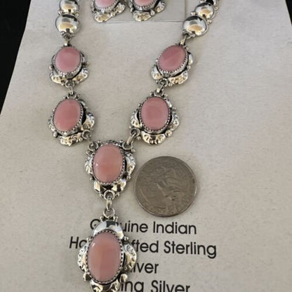 Navajo Pink Conch Choker Necklace | Sterling Silver Pendant 18" | Earrings Set | Authentic Native American Handmade
