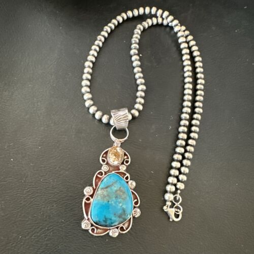 Navajo Blue Kingman Turquoise Wild Horse Necklace Pendant | Sterling Silver | Authentic Native American Handmade | 17221