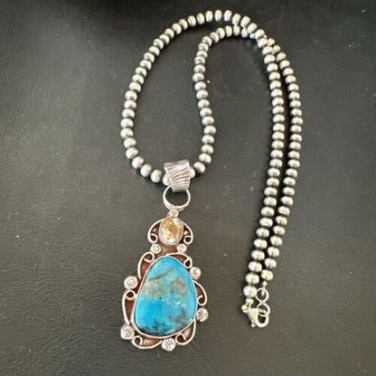 Navajo Blue Kingman Turquoise Wild Horse Necklace Pendant | Sterling Silver | Authentic Native American Handmade | 17221