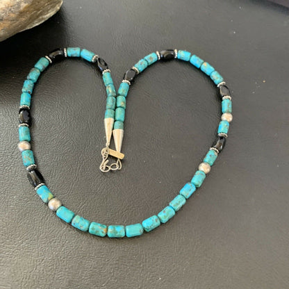 Authentic Tommy Singer Beads Necklace | Turquoise & Onyx | Sterling Silver | Gold | Native American Handmade | 17" | 10390