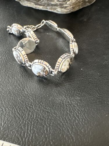 White Buffalo Turquoise 8-Stone Navajo Sterling Silver Link Bracelet 8" | Handmade | 16379