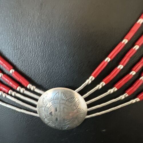 Navajo Concha Red Coral Heishi Necklace | 5 Strand Liquid Sterling Silver | 20" | 15878
