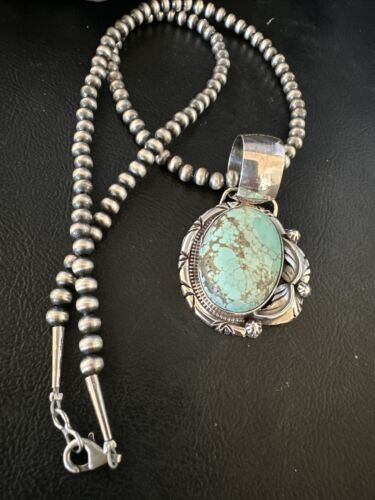 Navajo Blue Golden Hills Turquoise Pendant Necklace | Sterling Silver Pearls | Authentic Native American Handmade | 14997